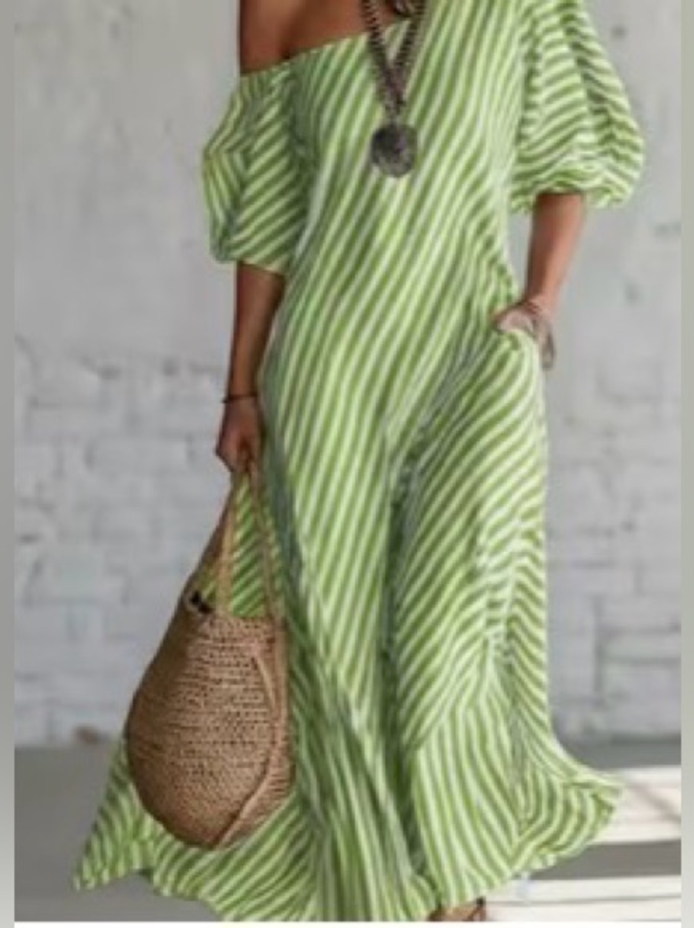 Off-Shoulder Green Stripe Maxi Dress